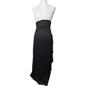 Taboo Halter Maxi‎ Dress Black White Rhinestone Formal Y2K Medium